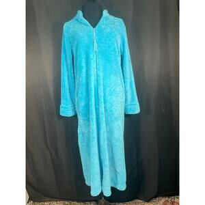 Miss Elaine Aqua Long Housecoat, Soft Fleece Zip Up Bathrobe, Small, Retro Style